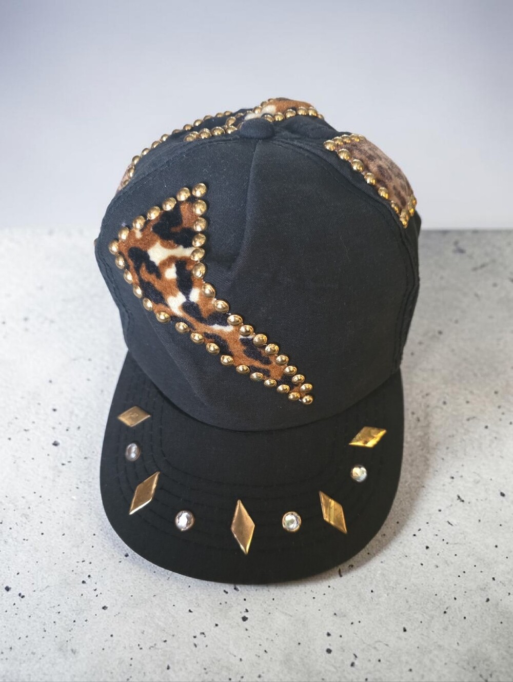 Vintage Y2K Lepord Print Studded Black Baseball‎ Cap - Women Osfm Adjustable